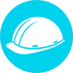 A white hard hat is sitting in the middle of a blue circle.